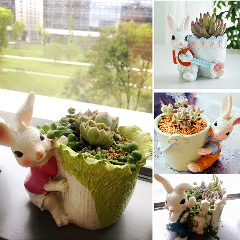 Europese Dorp Cartoon Succulente Planter Pot Combinatie Platter Ingemaakte Groene Plant Resin Konijn Decoratie Vlezige Bloempot
