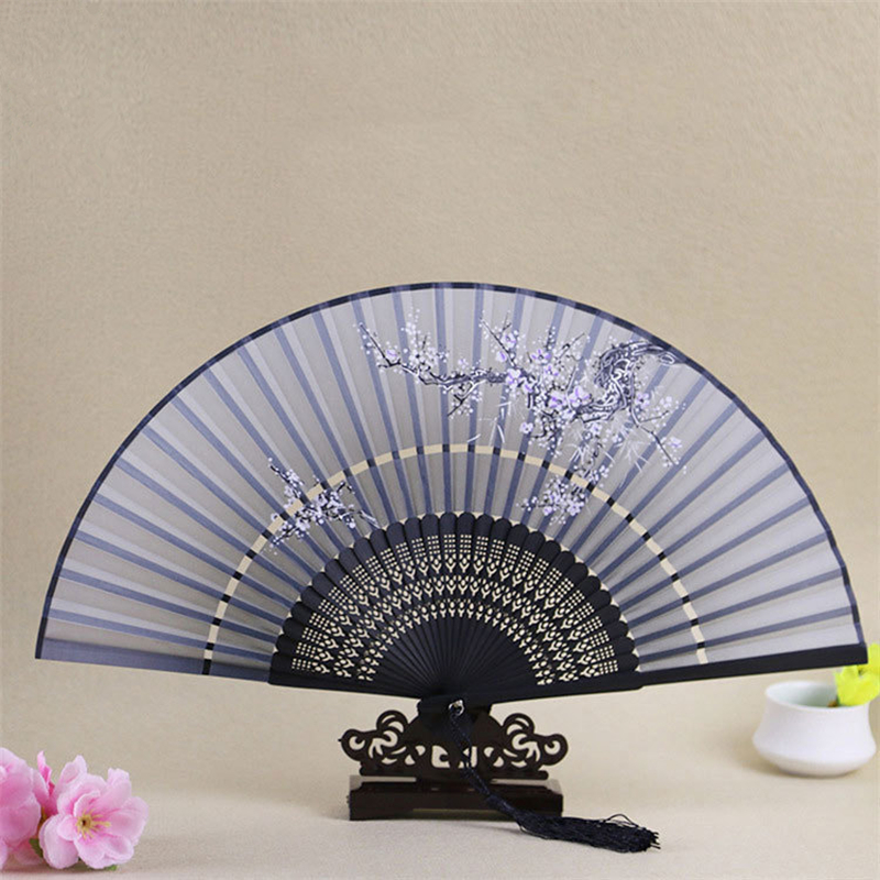 Chinese Style Carved Bamboo Craft Fan Two Sections Folding Silk Cloth Hand Fans Handmade Home Decoration