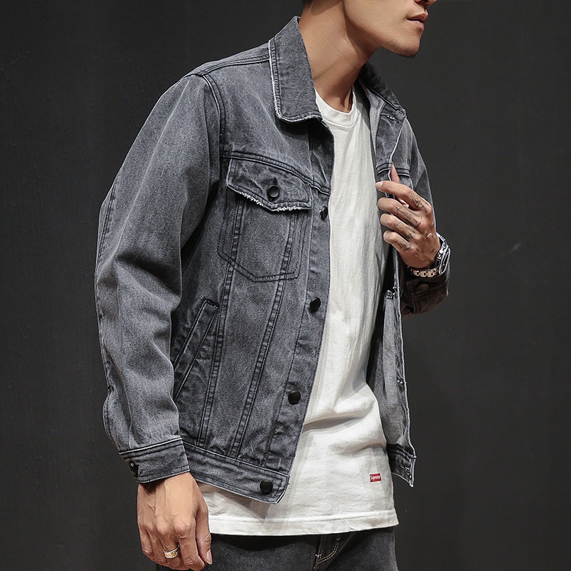 Herfst mannen korte denim jasje, trend slim retro casual jas, grijs denim wilde lente jas heren kleding