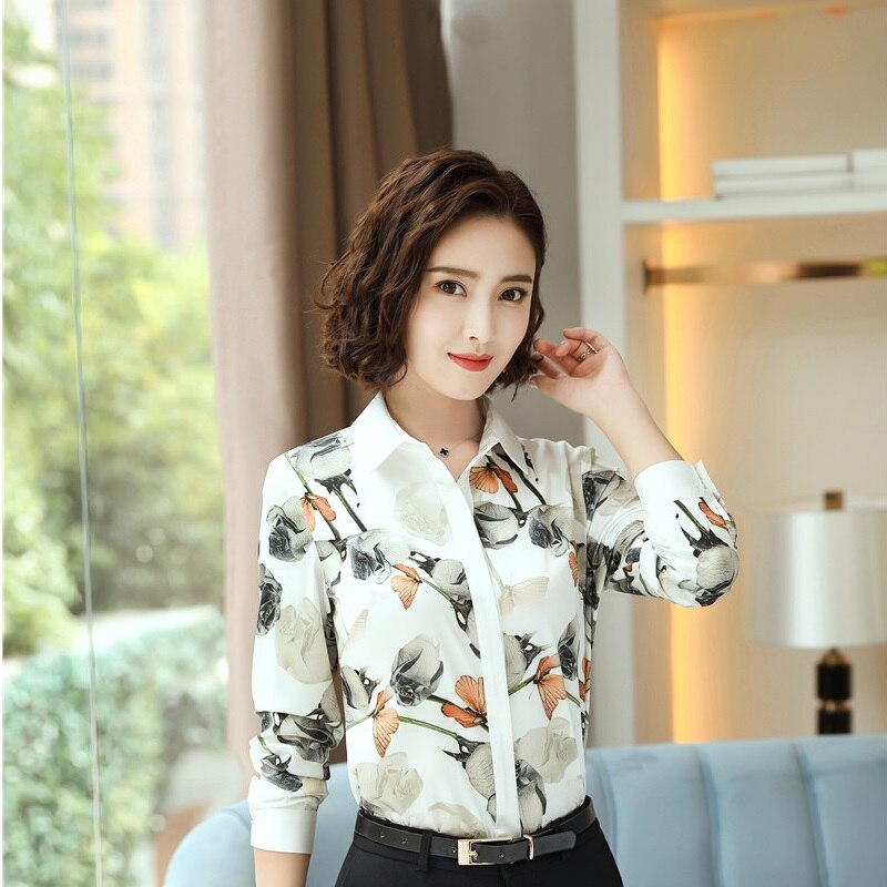 Herfst Winter Gedrukt Lange Mouwen Blouses & Shirts Voor Vrouwen Business Werkkleding Vrouwelijke Blouse Tops Ol Stijlen Shirt: Apricot / S