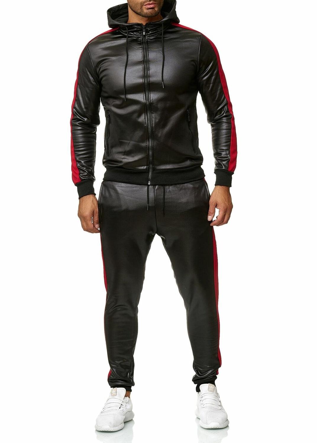Herr pu läder vinter träningsoveraller män set tjocka hoodies dragkedja jackor byxor kostym sweatsuit herr hoodie sport kostym