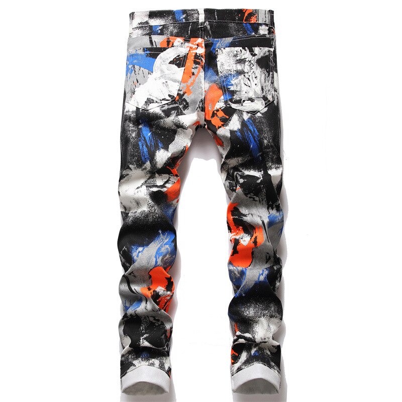 Men&#39;s Slim Stretch Denim Printed Jeans Y2K Contrast Color Neon Painted White Pants Trousers