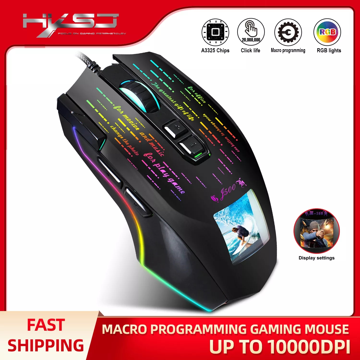 J500 Gaming Mouse USB 10000 DPI PMW3325 USB RGB Wired Mouse Gamer 9 Buttons Programmable Mice For Computer PC Can Photo Setting