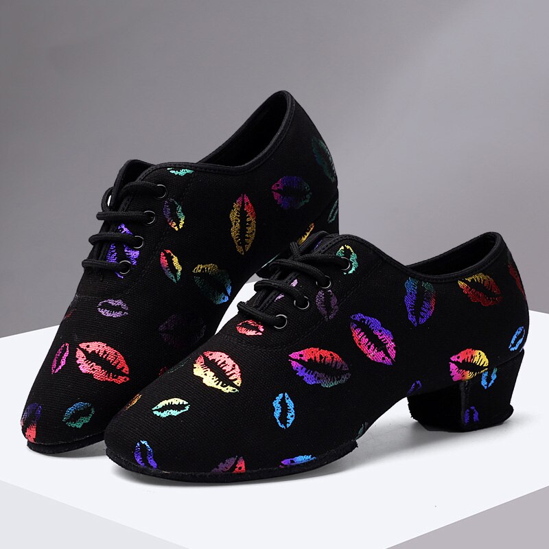 High Heel Dance Shoes Sneakers For Women Ballroom Latin Dance Shoes Kids Adult Close Toe 3/5cm Heel Training Shoes Lip Print