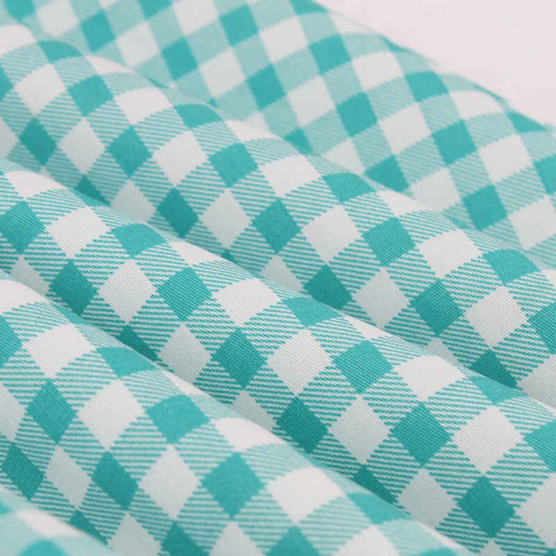Tonval turquesa Gingham volante escote corazón Vintage vestido mujeres botones manga corta Rockabilly Plaid Midi vestidos