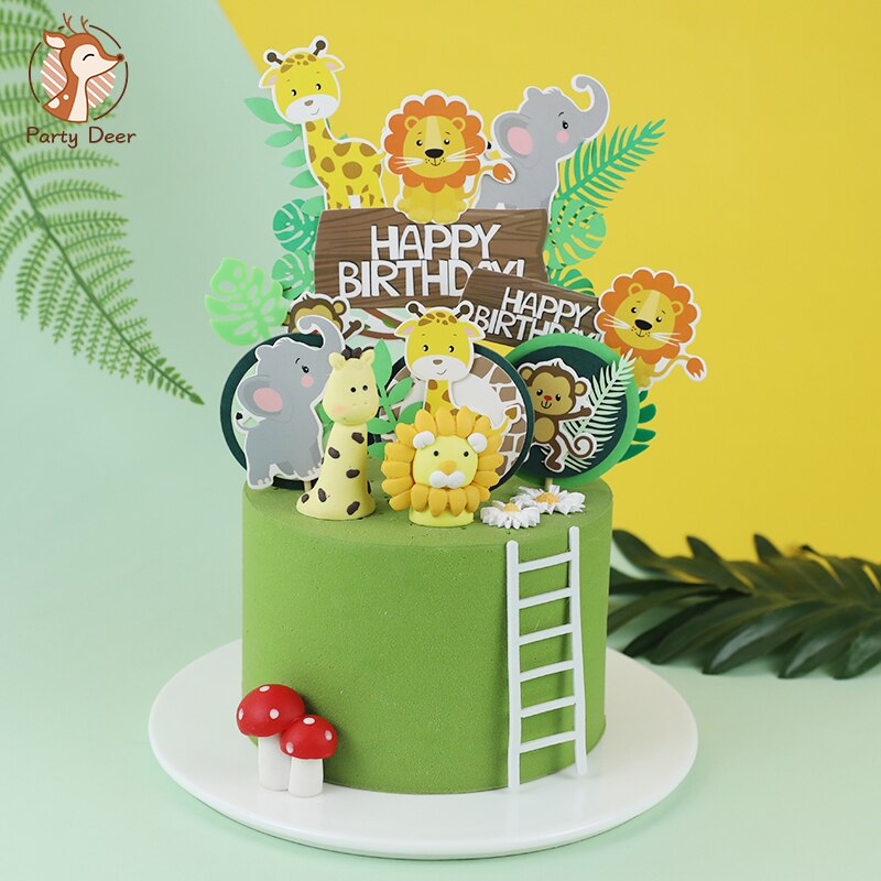 Jungle Animals Cactus Cake Toppers Happy Birthday Decorations For Children's Day Boy Girl Party Baking Sweet LoveGifts Supplies