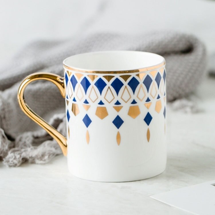 Tasse à café de luxe de Style britannique, 350ml, avec rayures dorées, en porcelaine, pour Couple, avec boîte: Beads Blue (686)