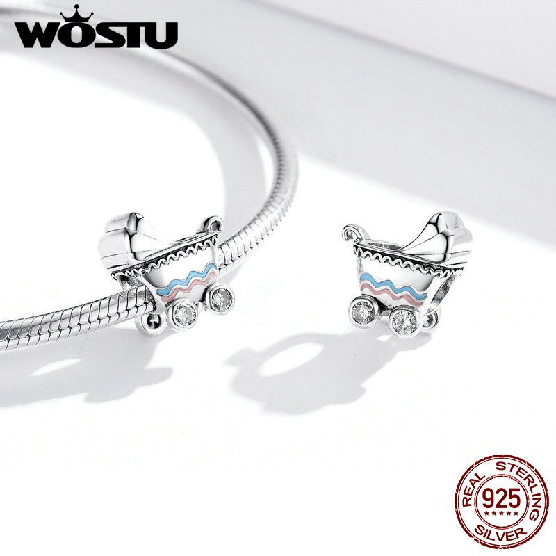 Wostu autêntico 925 prata esterlina charme carrinho de bebê contas caber encantos pulseiras originais prata 925 jóias cqc1539