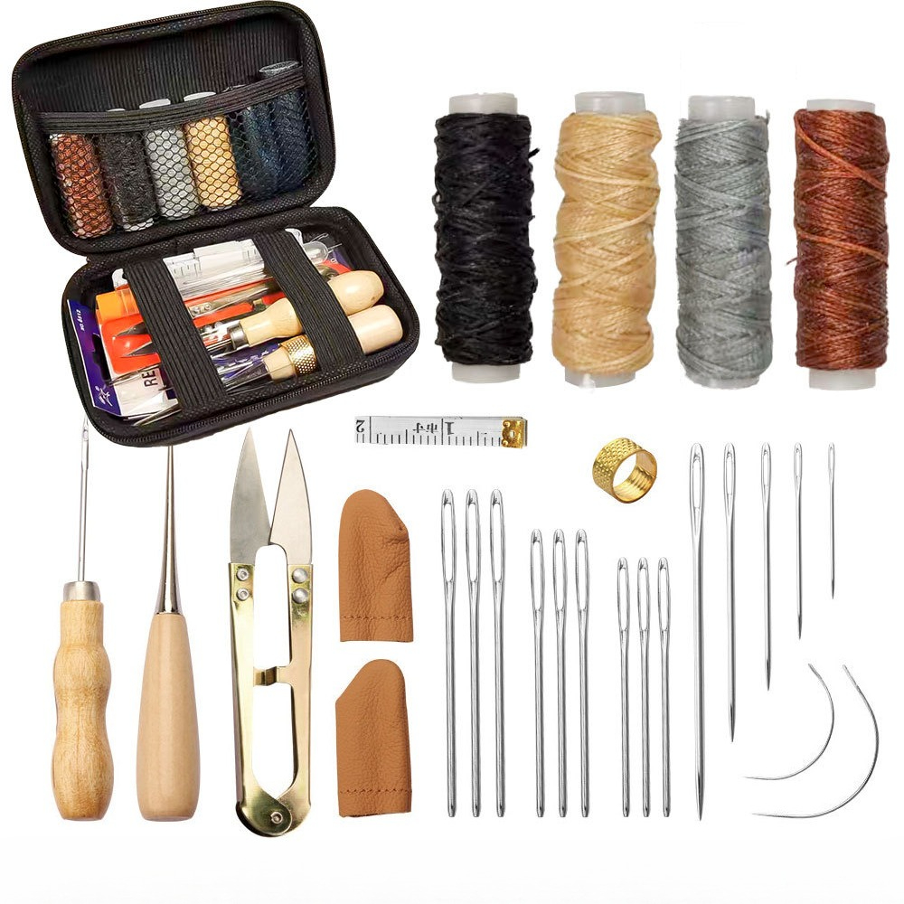 Zestaw narzędzi robić skóry, zestaw rzemieślniczy robić obróbki skóry z woskowaną nićą, szpikulcem robić szycia, igłami zakrzywionymi, naparstkiem, narzędzia robić naprawy dla początkujących i profesjonalistów.: zielone światło
