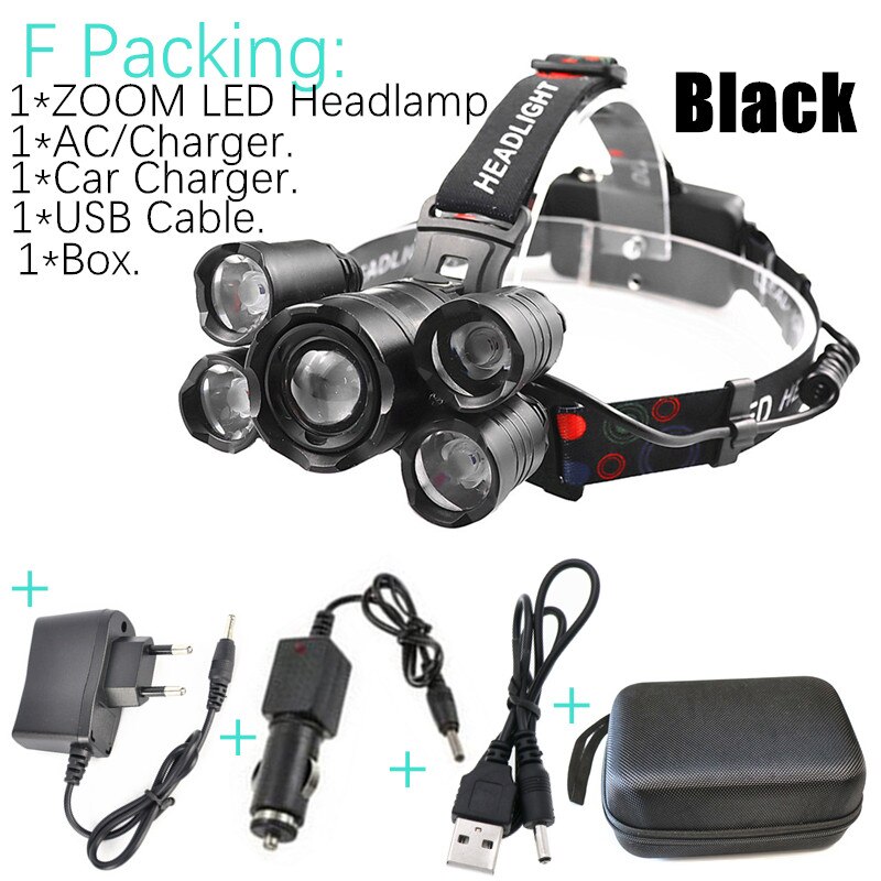 Most Powerful Induction ZOOM LED Headlight headlamp 5LED T6 Head Lamp Flashlight Torch head light Best For Camping, fishing: F Packing - Black / No Battery