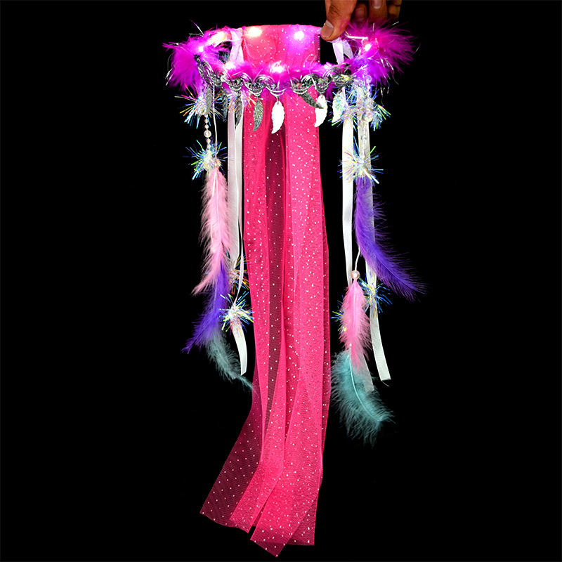 LED Flower Tulle Veil Headband Light Wreath Crown Women Girl Glow Party First Communion Wedding Luminous Festival Costume: Rose Red