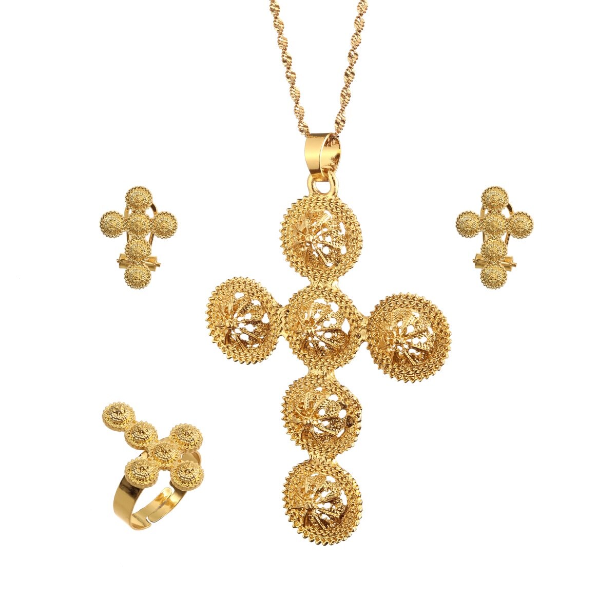 Ethiopische Traditiona Cross Sieraden Set Ketting Oorbellen Ring Ethiopië Gold Eritrea Sets Voor Vrouwen Habesha Wedding Party