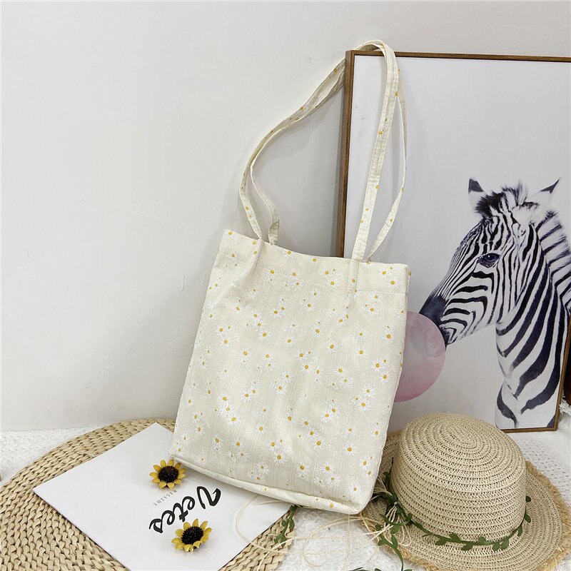 Kvinner lerret skuldervesker tusenfryd print damer floral håndveske uformell tote litterære bøker bag eco stoff veske shopping bag