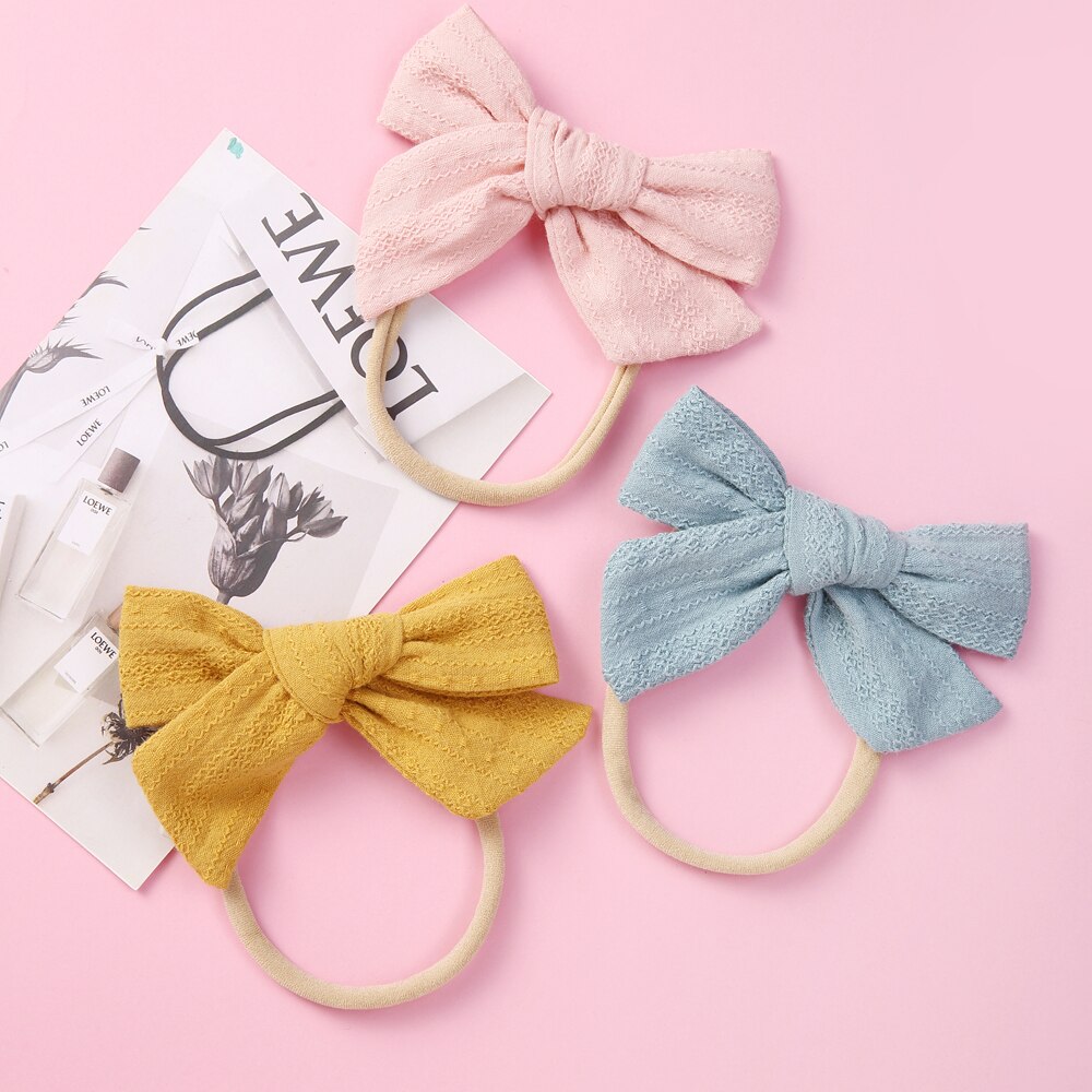 12 Stks/partij Hand Gebonden Stof Boog Hoofdband Zachte Nylon Hoofdband Pinweel Bows Schoolmeisje Haarelastiekjes 6 Kleuren