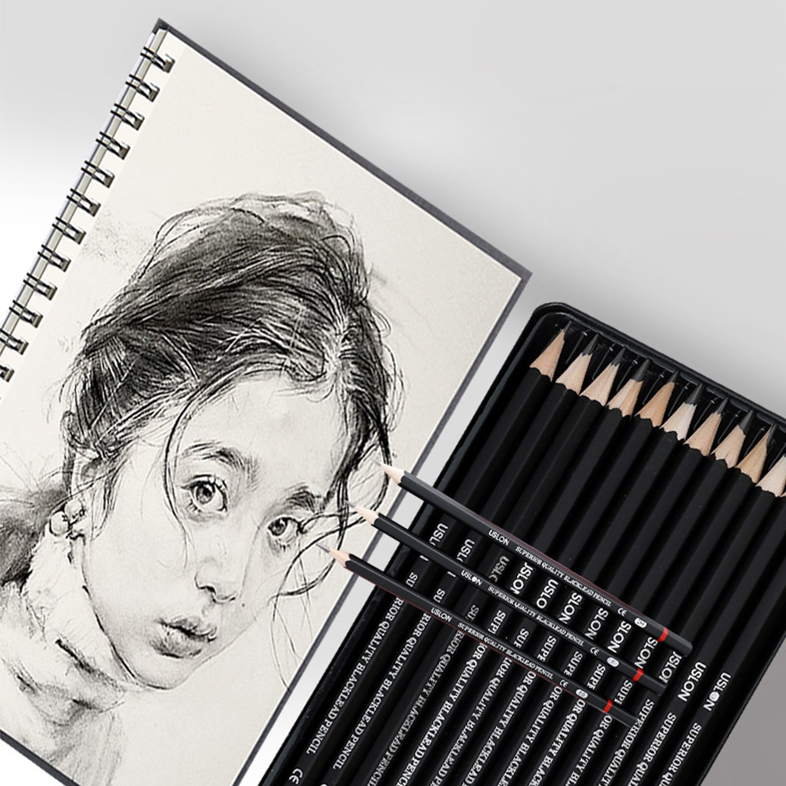 12pcs 2H-8B Wooden Sketch Lead Pencils Smooth Use Drawing Journal Writing Pencils with Metal Storage Box