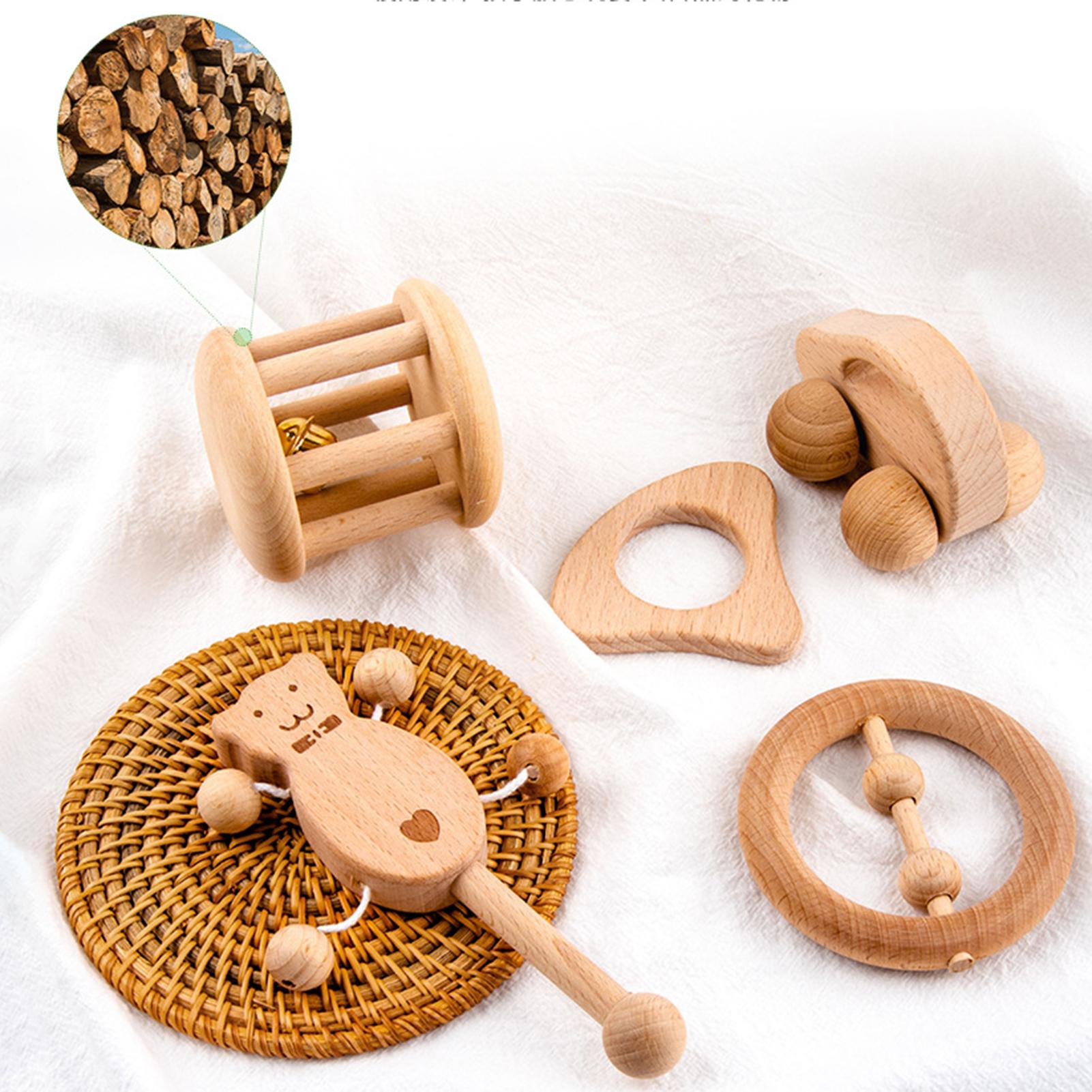 Puzzle Baby Toy Wooden Dog Car Shape Teether Bell Rattles Handle Children