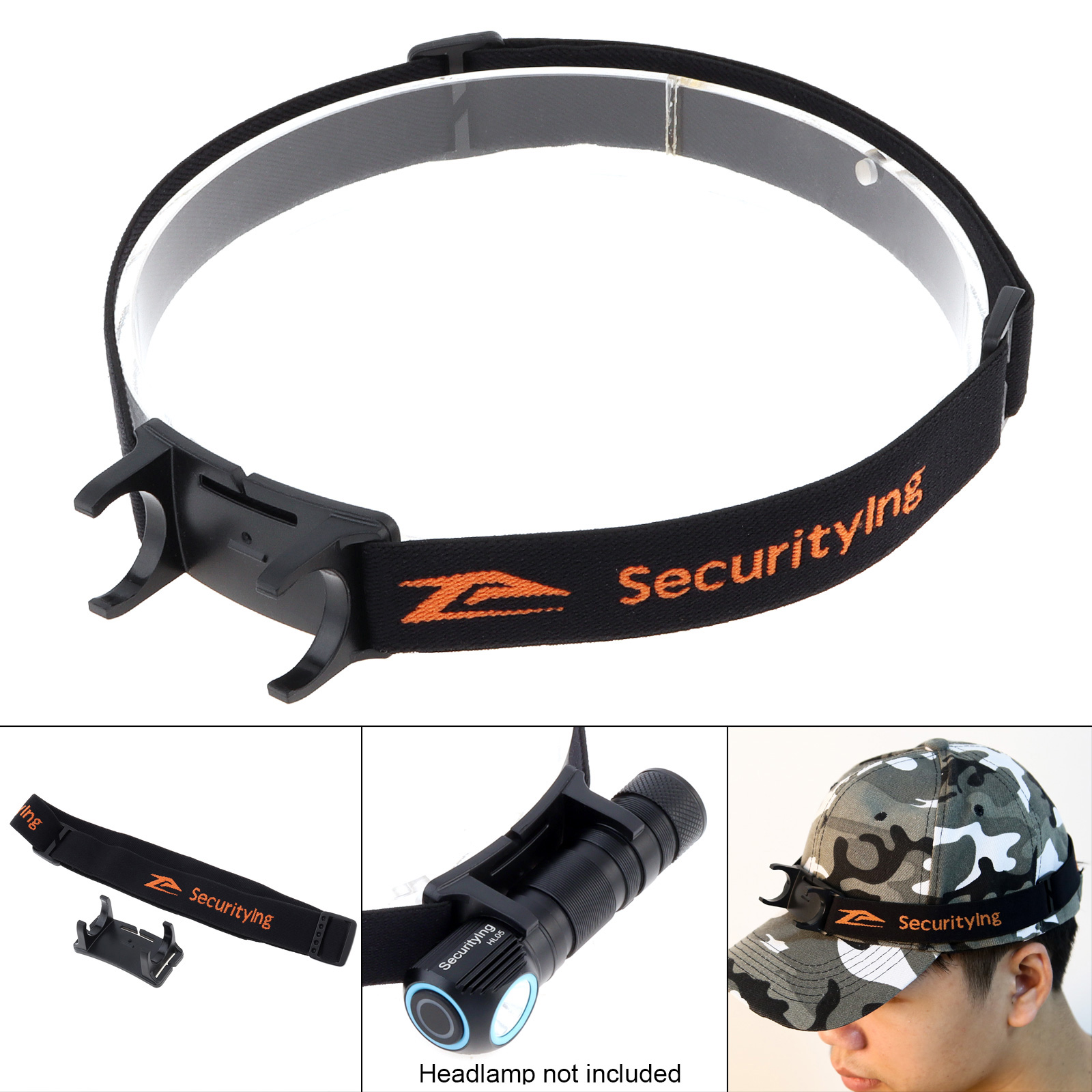SecurityIng elastischer Kopfband-Scheinwerfergurthalter für 22–26 mm Scheinwerfer-Taschenlampe mit Kopfbefestigungsgurt, Scheinwerferhalterung