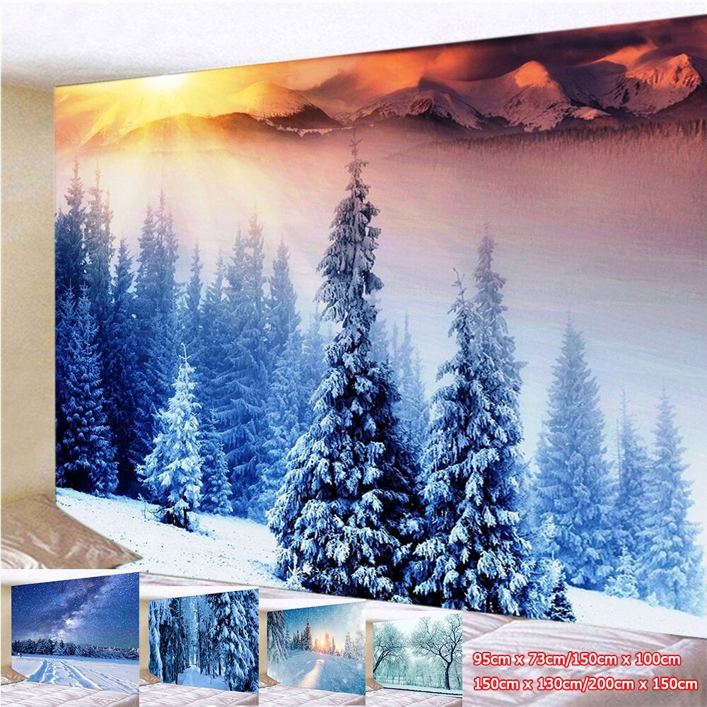 Snow Forest Trail Print Polyester Tapestry Wall Hanging Art Decoration for Curtain Landscape Tree Psychedelic Wall Hanging