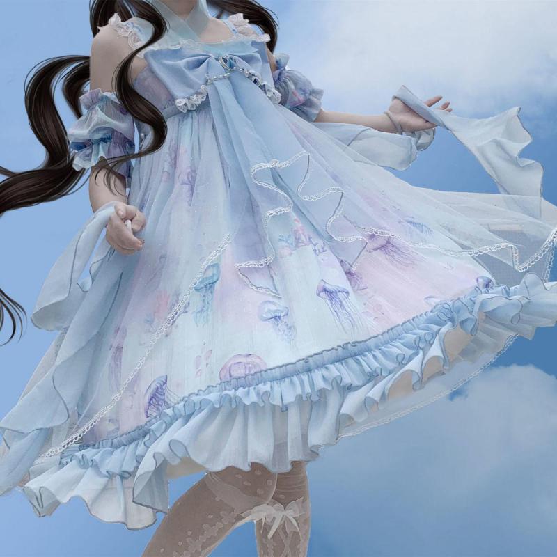 Soft Girl Cute Cartoon Cat Print Jsk Lolita Dress Japanese Sweet Lolita Dress Women Harajuku Chic Lace Tulle Bow Tea Party Dress