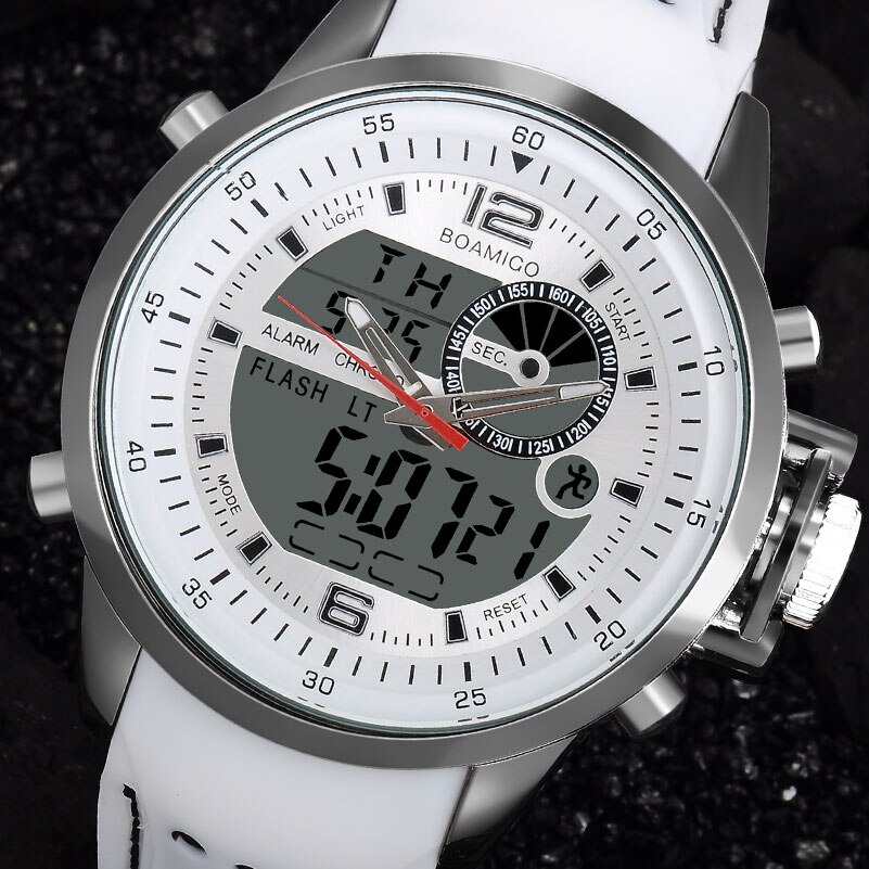 Boamigo Mannen Sport Horloges Wit Multifunctionele Led Digitale Analoge Quartz Horloges Rubber Band 30 M Waterdicht