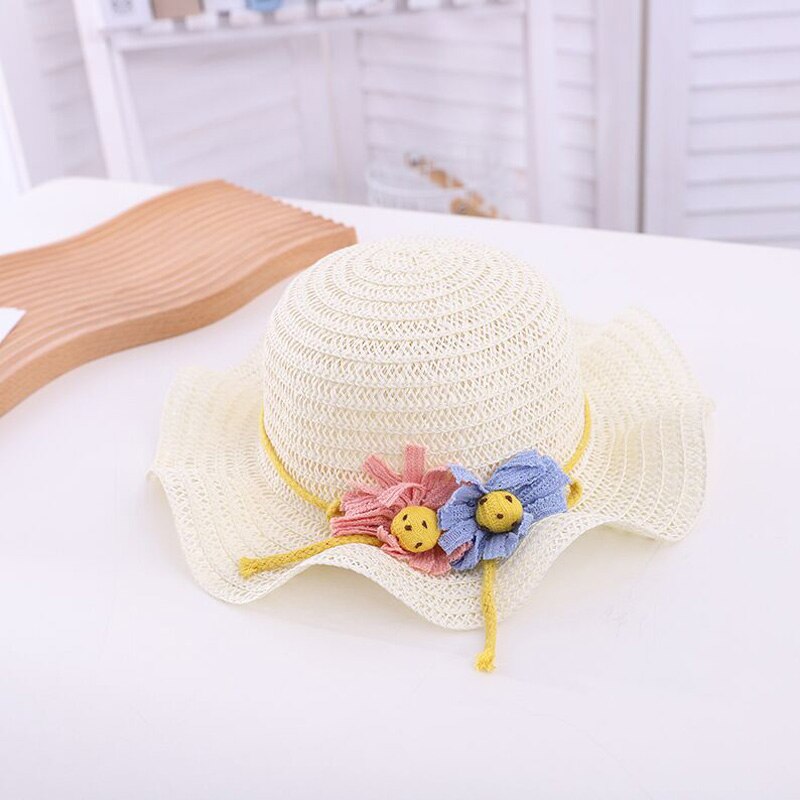 Europe America Falbala Sunflower Parent-Child Sun Hat Spring Summer Brand Hollow Out Straw Hats For Women Girl Kid Wide Brim Cap: White / children 51-52cm