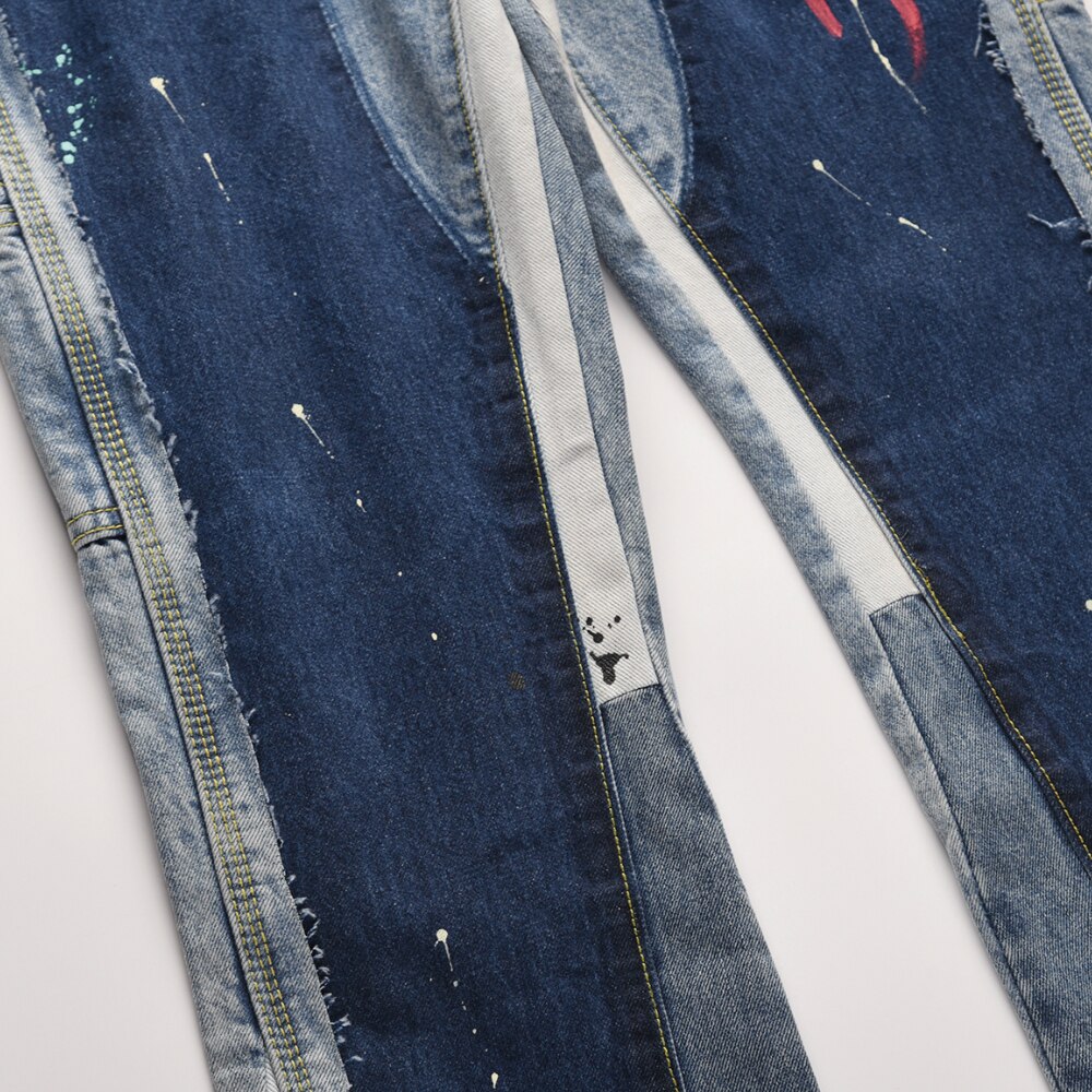 Blue Multicolor Paint Splatter Flared Jeans Men Deconstructed Patchwork Trousers Eight-Pocket Styling