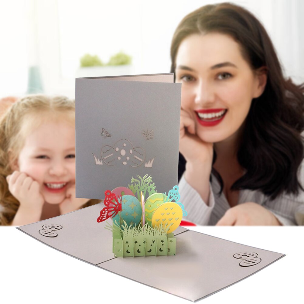 3D Pop-UP Easter Greeting Cards Butterfly Eggs Postcard Handmade Cutting Vintage Invite Cards with Envelope