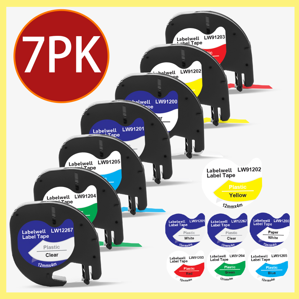 Labelwell 7PK 91202 91222 91332 plastikowa etykieta dla Dymo LT 12mm taśmy LT 91201 91200 91203 91204 12267 dla Dymo LetraTag LT-100H: 7PK LT Labels