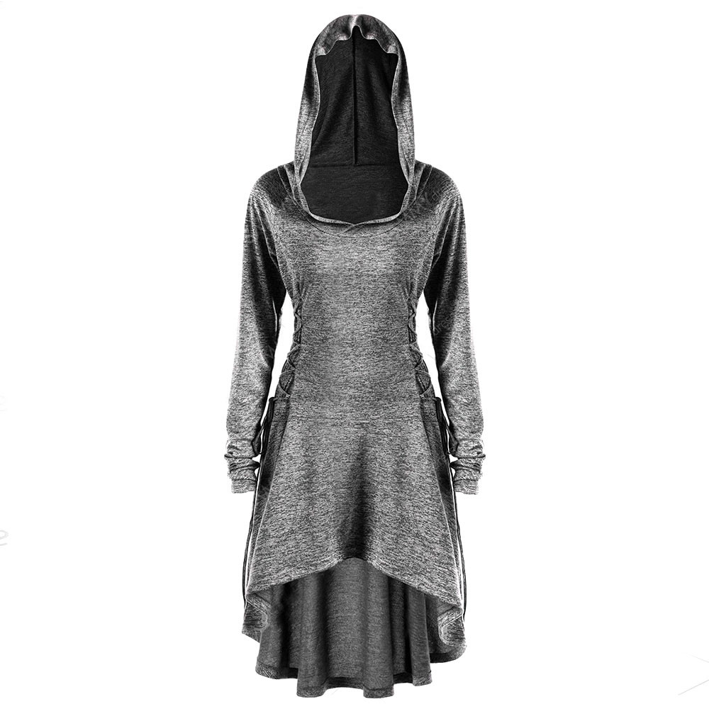 Women's Hooded Dress - Long Sleeve Side Bandage Casual Loose Irregular Hem