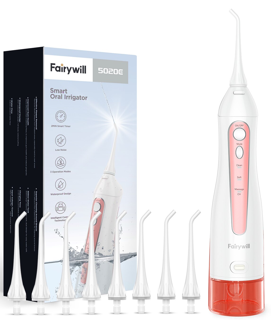 Fairywill Electric Sonic Toothbrush &amp; Water Flosser USB Charge Waterproof 5 Modes 3 Brush Heads Toothbrushes Teeth Cleaner: 5020E-Pink