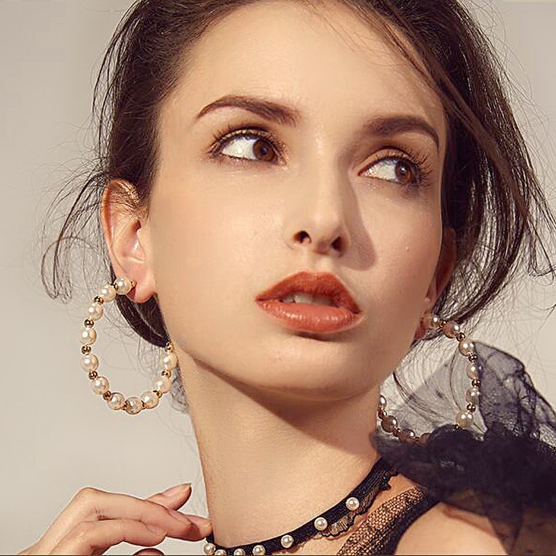 Boucles d'oreilles créoles en perles de culture coréennes, couleur or, simples, en forme de grand cercle, pour femmes, bijoux de mariage