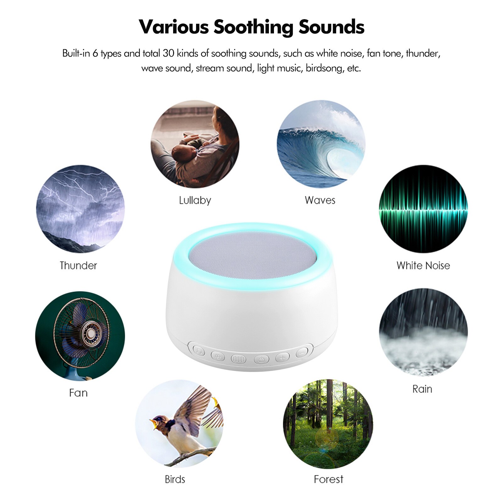 Desktop Rechargeable White Noise Machine Sleep Therapy Sound Machine with Colorful Touch Control Night Light Sleeping Relaxing