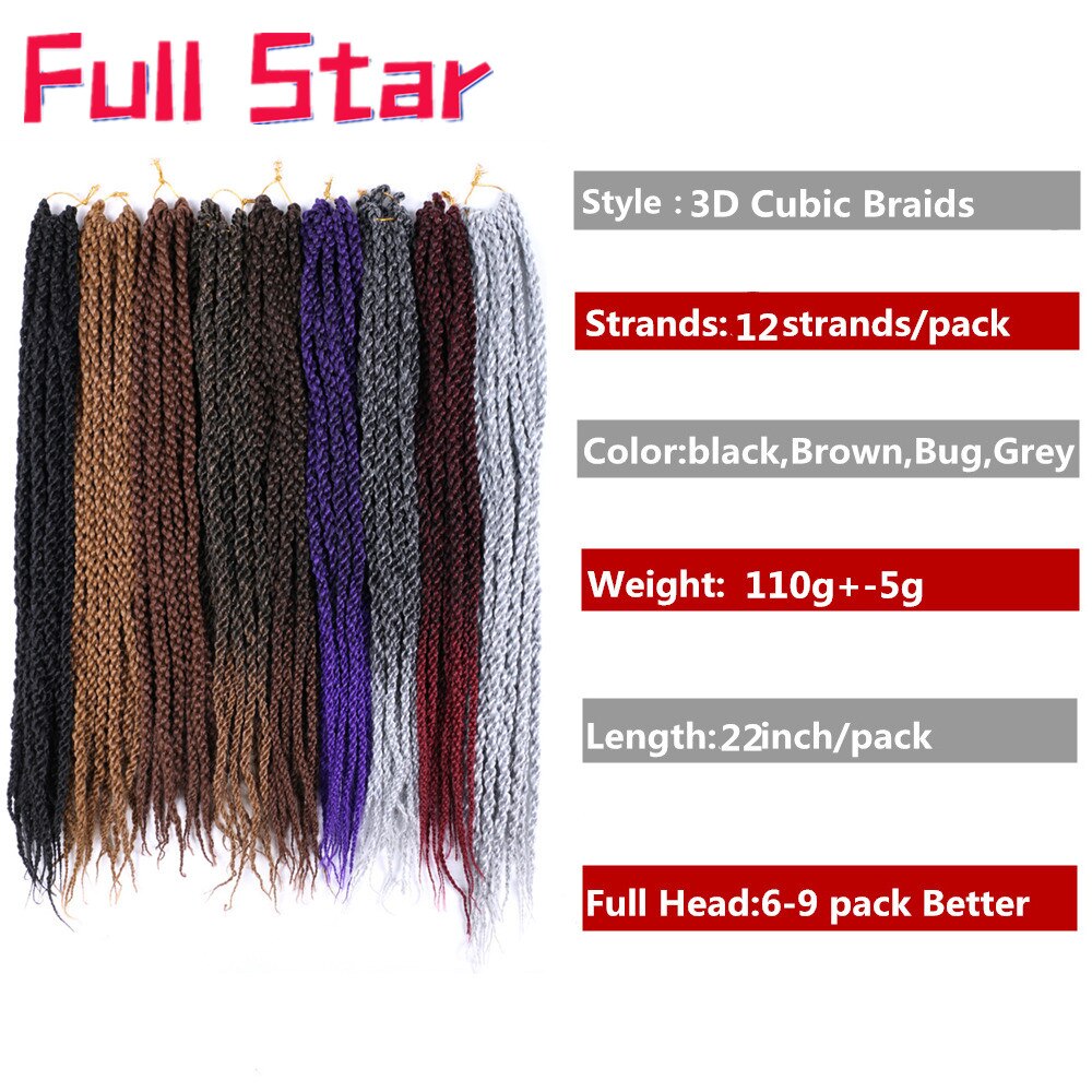 Full Star-extensiones de cabello para mujer, 22 ", 3D Cubic Twist, trenzas de ganchillo, 12 hebras, degradado, insecto negro, pelo trenzado sintético
