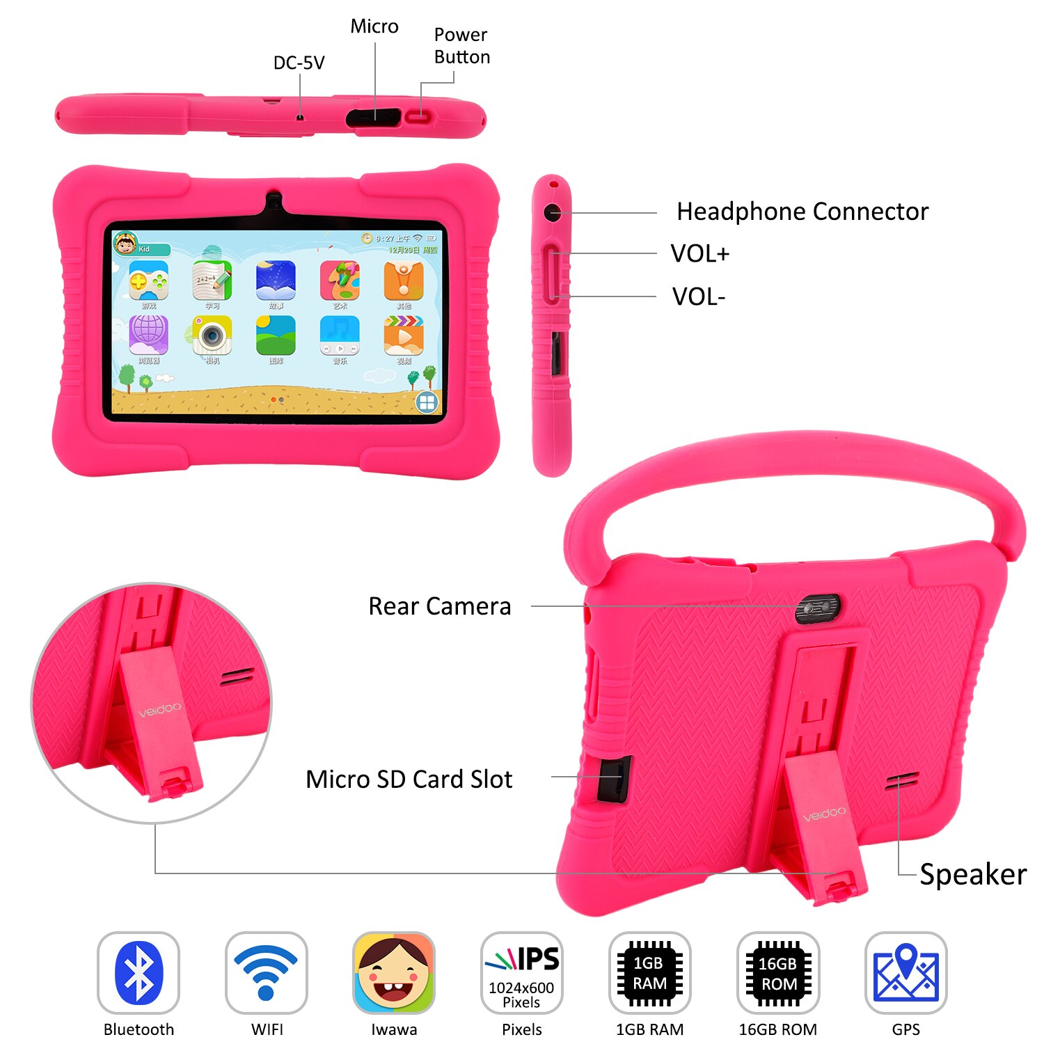 Tablet Pc Kinderen Android Kids-Proof Met 7 Inch Ips Eye-Bescherming Screen-1GB Ram 16 Gb Rom