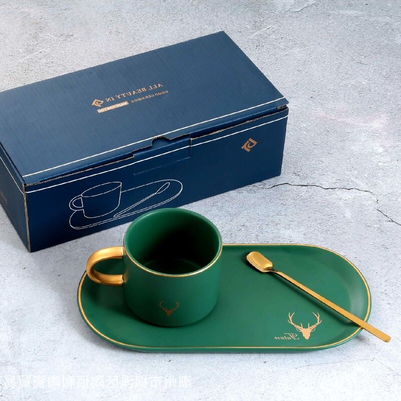 Gold Rand Kaffee Tasse Untertasse Löffel einstellen Keramik Frühstück Milch Tassen Tee Soja Milch Frühstück Becher nordisch Nachtisch Platte Luxus