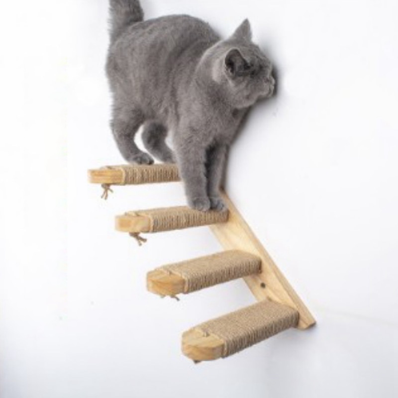 Natuurlijke Houten Kat Klimmen Plank Trap Muur Gemonteerd Vier Stap Kat Trap Met Jute Scratch Voor Katten Baars Platform Levert