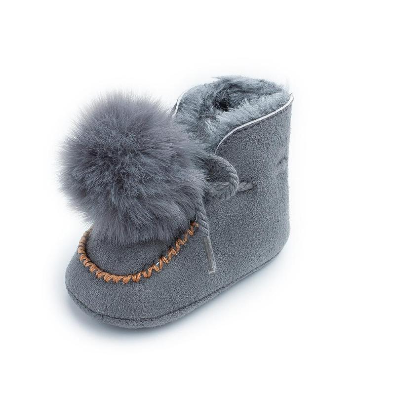 Thicken Baby Boots Lace-Up Lovely Pompon Non-slip Snow Prewalker Soft Coral Fleece Toddler Solid Color Winter Warm Shoes