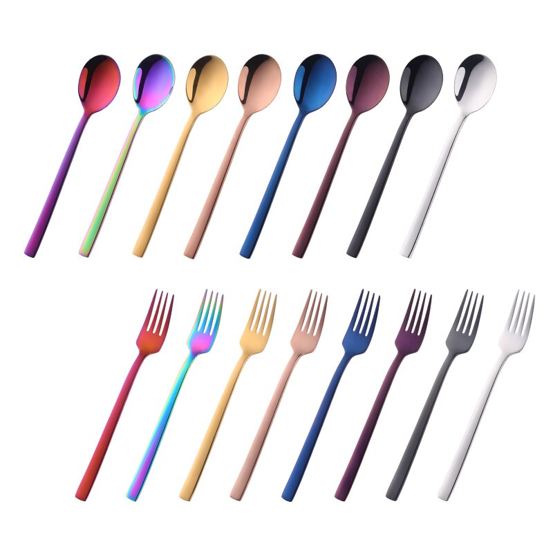 2PC Korean Spoon and Fork Set Stainless Steel Soup Spoon Blue Dinnerware With Long Handle Metal Gold Spoon And Fork