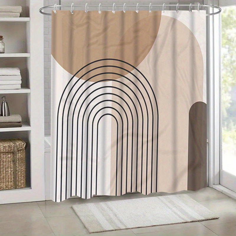 1 cortina de chuveiro com padrão geométrico simples com ganchos - divisor de banheiro de poliéster bege, marrom e branco, lavável à máquina
