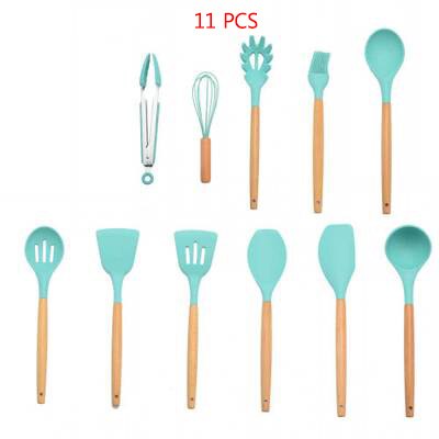 Kitchenware Set Kitchen Utensils Green 11 Piece Set Of Wooden Handle Silicone Nonstick High Temperature Silicone Spatula: Green-12