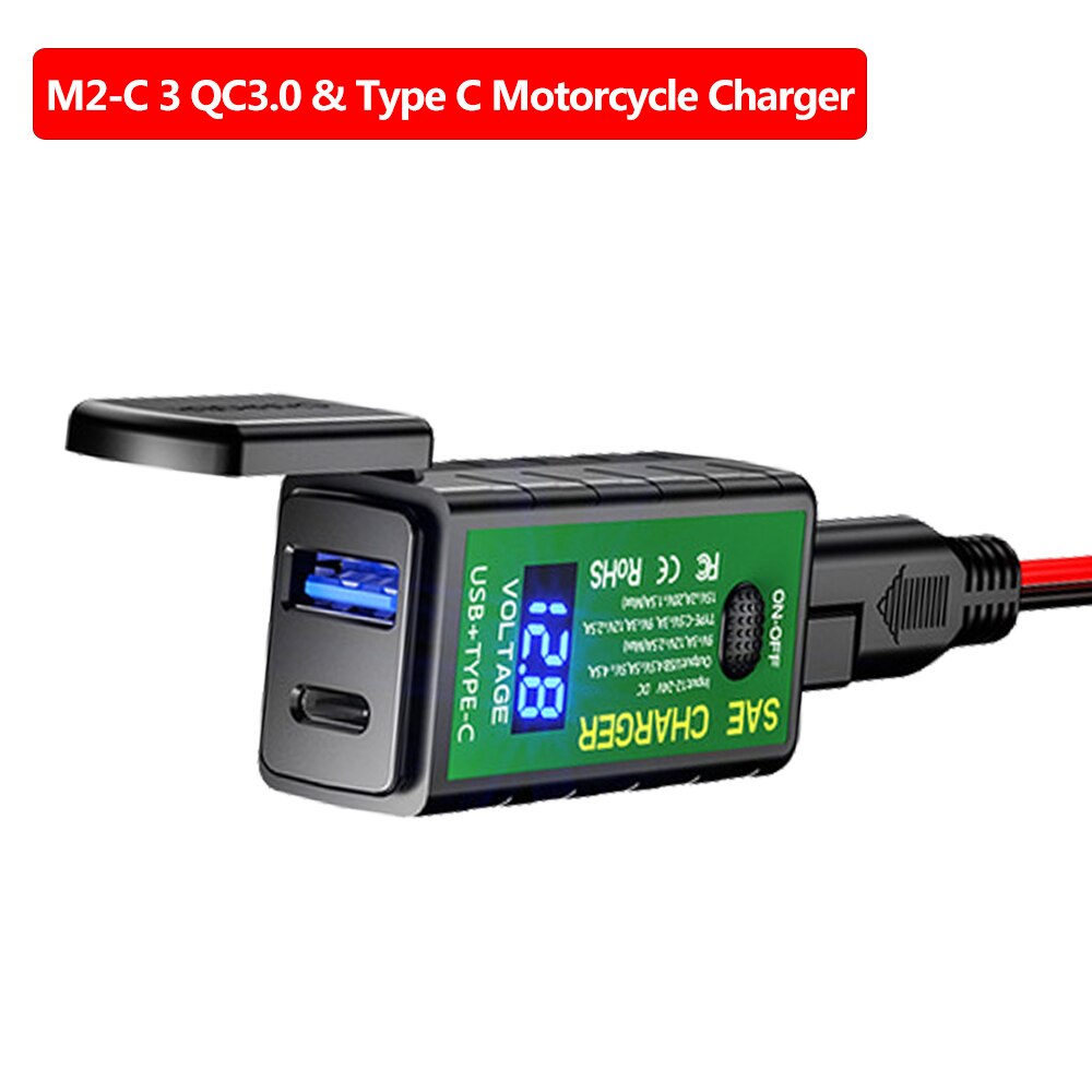 Vattentät motorcykelhandtag dubbel usb typ-c laddare skoter strömförsörjning uttag med voltmeter  qc3.0 snabbladdare: Usb och typ c