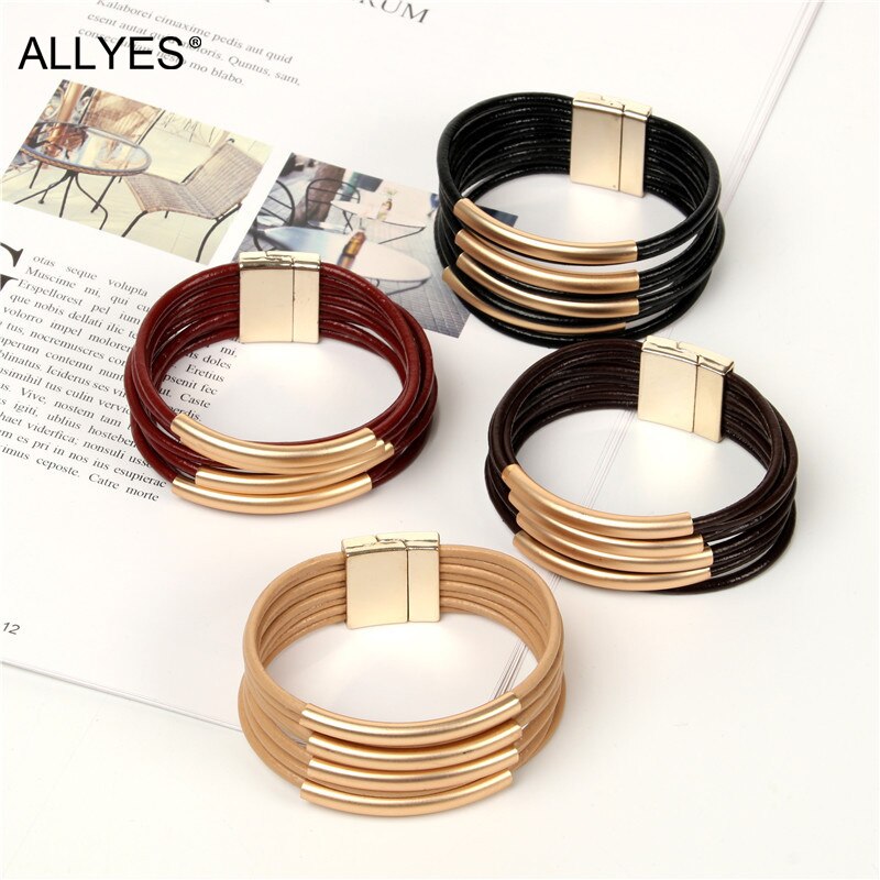 Allyes Bohemian Multilayer Lederen Armbanden Voor Vrouwen Mode Chocolade Wrap Armband Vrouwelijke Sieraden Party