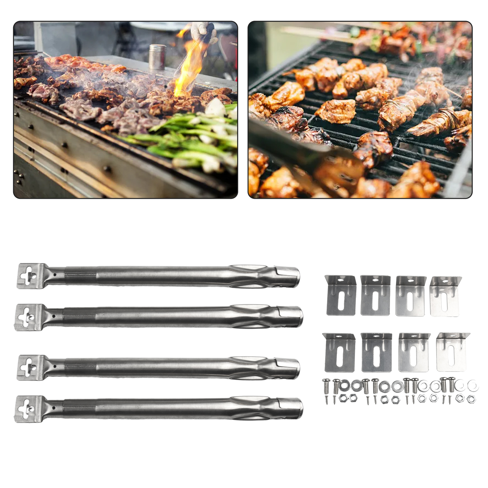 4 stk. bbq universal rustfrit stål brændersæt til gasgrill 35-42cm huller 11mm egnet til gasgrill grill reservedele