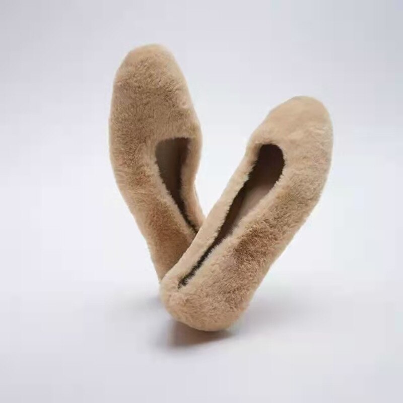 ZA Single Maomao Shoes Light Beige Fur Plush Flat with Ballet Shoes Winter warm Boat shoes for women