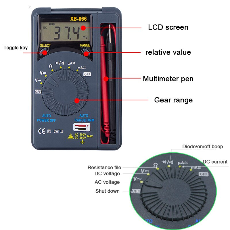 Mini Multimeter Digitale Ac/Dc Spanning Stroom Tester Multimeter Pocket Auto Range Digitale Tester Voltmeter XB866
