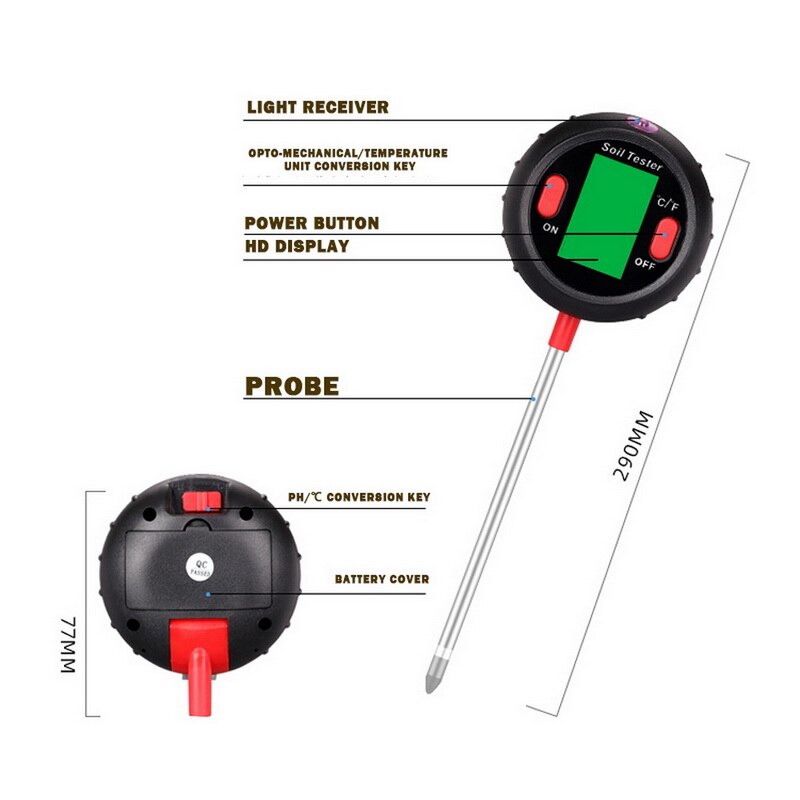 5 in 1 jord ph meter jord tester plante test sonde ph fugtighedsmåler temperatur solintensitet måling surhedsgrad alkali: Sort 5 in 1