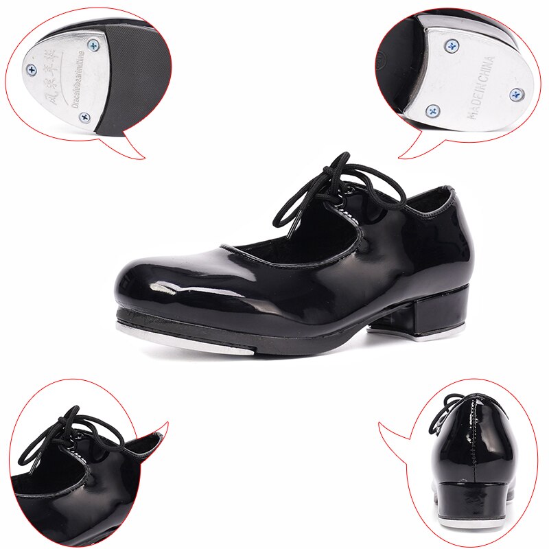 Tap dansesko kvinder lyse sorte snørebånd sko sko diskant aluminium plade sparkede sko åndbart læder rundt hovedhane