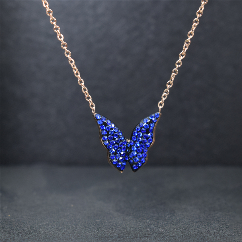 Unique Stainless Steel Gold Chain CZ Blue Butterfly Necklace For Women Bijoux Femme Pineapple Choker Necklaces Birthday BFF: Rose Gold Blue 2