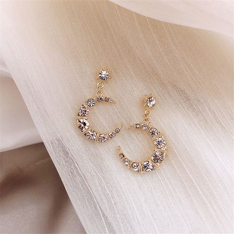 Strass Star Crescent Mond Baumeln Lange Tropfen Ohrringe Glänzend Charmante Elegante Frauen Erklärung Brincos Schmuck