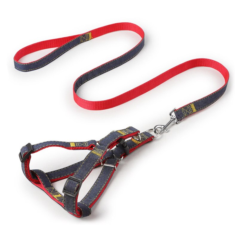 Denim Harnas Hond Aangelijnd Set Ajustable Jeans Trekkabel Sterke Leash Pet Vest Jas Voor Kleine Puppy Honden Franse Bulldog pug: Rood / 10mm width